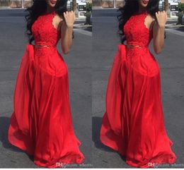 Sexy Cheap Red Two Piece Prom Dresses Lace Applique Long Jewel Neck Floor Length Formal Dress Evening Gowns Wear ogstuff Vestidos