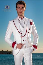 New Design One Button Ivory Wedding Men Suits Peak Lapel New Three Pieces Business Groom Tuxedos (Jacket+Pants+Vest+Tie) W960