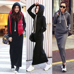 Fashion-Autumn Fall Winter Women Black Gray Sweater Dress Fleeced Hoodies Long Sleeved Slim Maxi Dresses S M L XL XXL Winter Dress M176