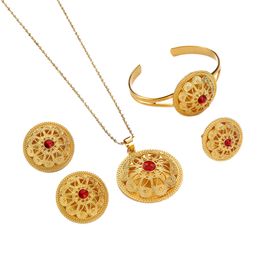 Ethiopian Eritrean Bride Gold Colour Jewellery Sets with Red Stone African Ethnic Gifts Habesha Wedding Jewellery