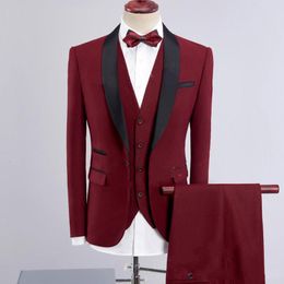 New Arrival Dark Red Slim Fit Men Wedding Tuxedos Black Shawl Lapel Groom Tuxedos 2019 Style Men 3 Piece Suit(Jacket+Pants+Tie+Vest) 2101