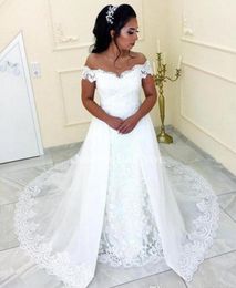 2019 White Lace Mermaid Wedding Dresses With Over Skirt Off Shoulder Sweep Train Appliques Chapel Country Garden Arabic Bridal Gowns