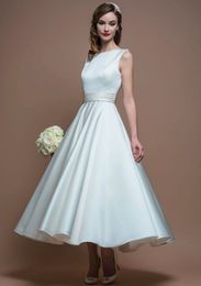 2019 New Vintage Tea Length Short Wedding Dresses Satin A-Line Sleeveless Simple 1950's Bridal Gowns Informal Custom Made