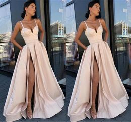 High Side Split Prom Dresses Simple Spaghetti Straps Satin Holidays Party Gowns Plus Size Custom Made