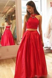 2019 Red Two Piece Evening Dresses Halter Satin Beaded Crystal Prom Prty Gown Custom Made Sweep Train Formal Occasion Wear Plus Size