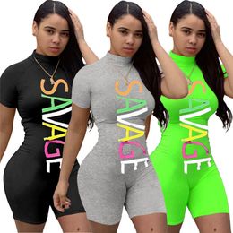 Plus size 3XL Summer Women shorts Jumpsuits skinny solid color short sleeve bodysuits grey sports Rompers Casual black letter Overalls 3407