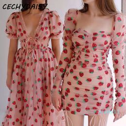 fashion-Strawberry Dress Embroidery Cascading Ruffle Design V-neck Lace Dress Women Short Sleeve Sweet Maxi Holiday Dresses Boho Clothes