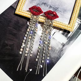 Women Red Lip Stud Earring Bling Bling Rhinestone Long Tassel Earring for Gift Party Fashion Jewelry Accessories