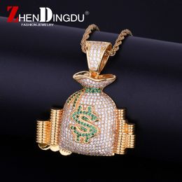 Money Bag Stack Iced Cash Coins Pendant Necklace Chain Charm Gold Silver Cubic Zircon Men's Hip Hop Jewellery For Gift