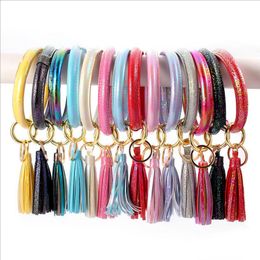 Glitter Bangle Keyring Bracelet Key Chain Holder PU Tassel Wristlet Keychain Women Girl Fashion Jewellery Accessories 9 Colours 800pcs DW5408