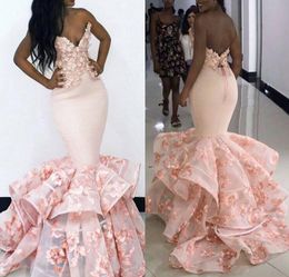 Pink Color Prom Dresses South African Mermaid Hand Made Flowers Pageant Holidays Graduation Wear Formal Evening Party Gowns Plus Size