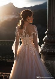 Champagne Lace Bohemia A Line Wedding Dresses 2020 Sheer Long Sleeves Tulle Lace Applique Sweep Train Wedding Bridal Gowns robes d2430