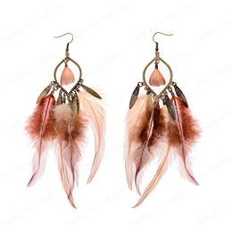 New Bohemia Women Brown Feather Earrings Tibetan Fashion Jewelry Vintage Ethnic Indian Tassel Long Dangle Earring