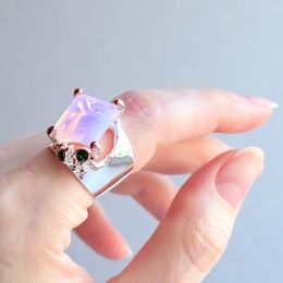 Fashion-Rectangle Pink Zirconia Ring Silver-Color Jewellery Beautiful Big Rings for Women Latest Fashion