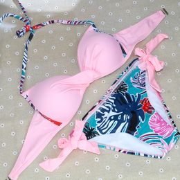 sexy vintage brand sale solid print floral halter 2XL push up girl women bikini set patchwork wire free women swimwear swimsuit