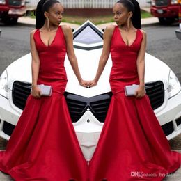 Sexy Red Mermaid Prom Dresses Long Simple Satin Halter V-neck Black Girls Backless Formal Evening Wear Gowns vestidos largos ogstuff