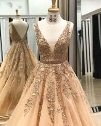 Light Gold Evening Prom Dresses Nigerian Lace Beaded Deep V-neck Crystal Sashes Dresses Evening Wear Elegant Cheap Formal Gowns Party
