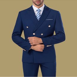 Double-Breasted Blue Groom Tuxedos Peak Lapel Men Suits 2 pieces Wedding/Prom/Dinner Blazer (Jacket+Pants+Tie) W808