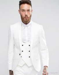 Handsome White Groom Tuxedos Shawl Lapel Groomsmen Mens Wedding Dress Fashion Man Jacket Blazer 3Piece Suit(Jacket+Pants+Vest+Tie) 780