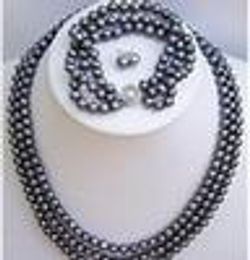 Free Shipping 3 rows Natural cultured black pearl necklace bracelet earrings set