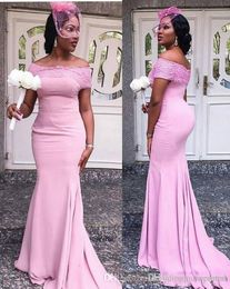 Sexy Cheap Lace Pink Mermaid Bridesmaid Dresses Off Shoulder Floor Length Satin Pleats Wedding Guest Dress Maid of Honour Gowns