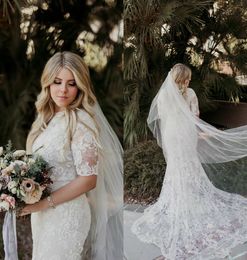 2020 Modest Plus Size Jewel Half Sleeve Mermaid Wedding Dresses Lace Applique Wedding Gowns Sweep Train robe de mariée