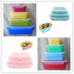 Silicone Food Storage Lunch Box microwave safe lunch box Silicone folding fresh-keeping boxes 4 piece suit Colourful outdoor travel bento A07