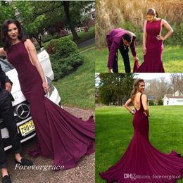 2019 Cheap Burgundy Prom Dress Boat Neck Sexy Mermaid Sleeveless Backless Pageant Party Gown Custom Made Plus Size