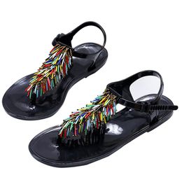 Hot Sale-Women Sweet Tassle T-strap Thong Sandals Ankle-Strap Buckle Water-proof Flat Women Jelly Shoes