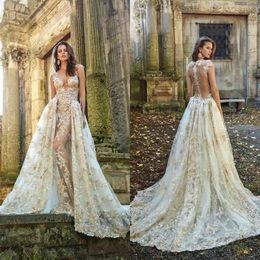 wedding dresses with detachable skirt train newest sexy see through backless deep v neck lace appliques bridal gowns vestidos de novia