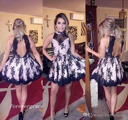 2019 Modest High Neck Black Homecoming Dress A Line Backless Short Juniors Sweet 15 Graduation Cocktail Party Dress Plus Size Custom Made