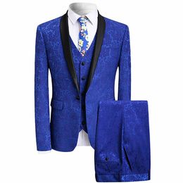 Men's Suits Jacquard 3 Piece Suit Slim Fit Royal Blue Tuxedo Wedding Dresses Jacket Vest Pants