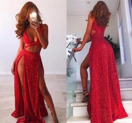 Sexy Red Prom Dresses 2019 V Neck Full Sequins Sleeveless Holidays Graduation Wear Evening Party Gowns Custom Made Plus Size