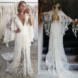 Düğün bohem plaj elbiseleri gelin elbiseleri v boyun zil uzun kollu dantel açık sırtsız boho robe de mari e