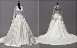 Vintage Kate Middleton Long Sleeves Fall Wedding Dresses A-Line V-Neck Ivory Taffeta Appliques Peplum Bridal Gowns Hot Custom Made