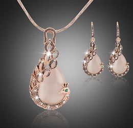 Women ladies peacock crystal rhinestone pendant necklace drop earring set fashion waterdrop jewelry set gift for love GD232