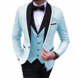 Fashion Light Blue Men Wedding Tuxedos Black Shawl Lapel Groom Tuxedos Excellent Men Jacket Blazer 3 Piece Suit(Jacket+Pants+Tie+Vest) 2887