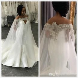 Modest Arabic Aso Ebi Plus Size Mermaid Wedding Dresses Organza Beaded Crystals With Cloak Chapel Train Wedding Dress Bridal Gowns