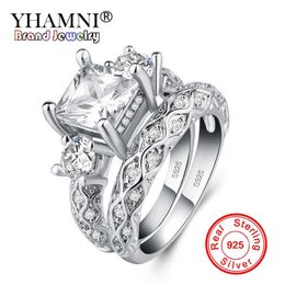 YHAMNI New Arrival 100% 925 Sterling Silver Wedding Ring Set For Women Bride Engagement Fashion Jewelry Bands Gift LRA0257