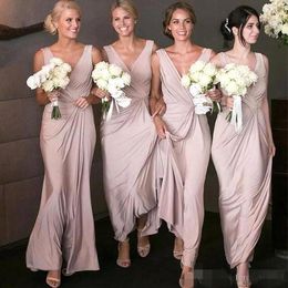 Cheap Elegant Bridesmaid Dresses Straps V Neck Chiffon Dusty Pink Maid Of Honour Gown Beach Wedding Guest Party Gowns Plus Size S