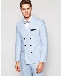 Fashion Light Blue Men Wedding Tuxedos Double-Breasted Groom Tuxedos Excellent Men Blazer 2 Piece Suit Prom/Dinner Jacket(Jacket+Pants+Tie)7