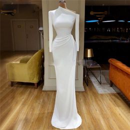 Simple African White Prom Dresses Cheap One Shoulder Long Sleeves Mermaid Evening Dress Floor Length Zipper Back vestido de festa