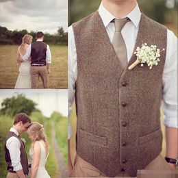 Rustic Brown Wool Groom Vests Vintage Pockets Men's Suit Vests Slim Fit Men's Dress Groomsmen Attire Wedding Dresses Wai263w