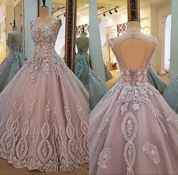 Immagini reali Gioiello Collo senza maniche Appliqued Pizzo Abiti Quinceanera floreali 3D Stringate Plus Size Sweet 16 Abiti da sera BC2149