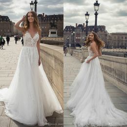 berta tulle wedding dresses spaghetti v neck lace appliqued beaded vestido de noiva sexy bridal gowns a line wedding dress