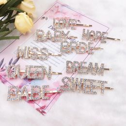 Word Rhinestones Hairpins Girl Crystal Letter Bobby Pins Metal Glitter Hair Barrettes Sparkly Hair Accessories for Ladies