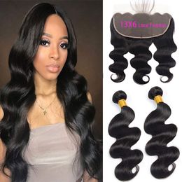 Peruvian Virgin Hair 2 Bundles With 13X6 Lace Frontal Closure Middle Three Free Part Body Wave Human Hair Products 10-28inch