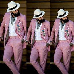 Pink Linen Double breasted Suits Men's Formal Wear Groomsman Wedding Slim Fit Tuxedos Best Man jacket pants