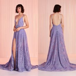 Tony Ward 2020 Evening Dresses Lace Appliqued Sexy Backless High Side Split Prom Dress Party Wear Spaghetti Custom Made Formal Gowns