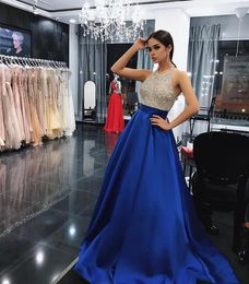 2019 Sparkly Crystal Prom Dresses Halter Evening Gowns Royal Blue Satin Long Party Dress Formal Evening Dress Ball Gown Pageant Gowns